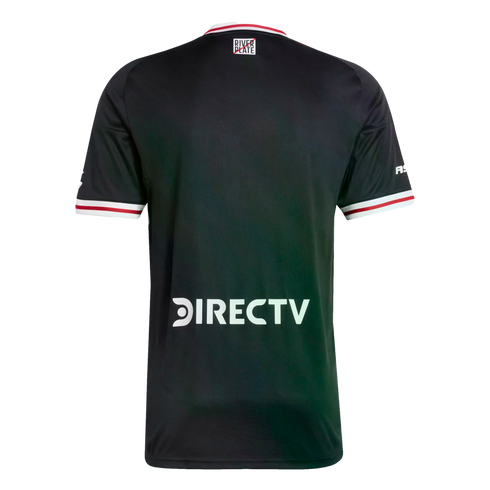 Back of a black soccer jersey with a white DIRECTV logo, red and white striped sleeve and collar trim, and a small River Plate logo below the neckline.