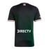Back of a black soccer jersey with a white DIRECTV logo, red and white striped sleeve and collar trim, and a small River Plate logo below the neckline.