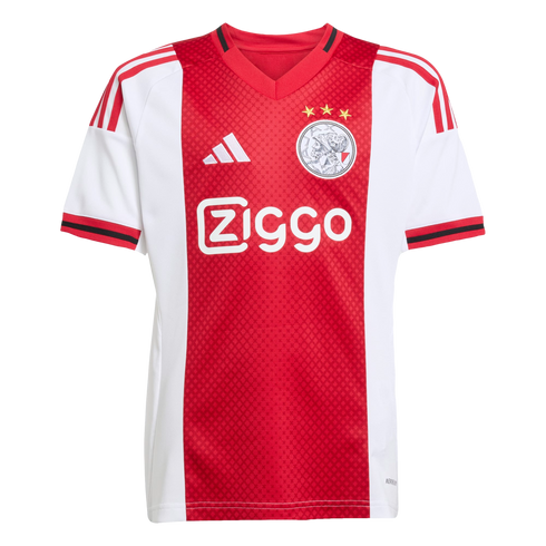 An AFC Ajax home soccer jersey in white and red, featuring the club crest, Adidas logo, and Ziggo sponsor. It has a thick red central stripe and white sleeves with red shoulder stripes.