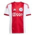 An AFC Ajax home soccer jersey in white and red, featuring the club crest, Adidas logo, and Ziggo sponsor. It has a thick red central stripe and white sleeves with red shoulder stripes.