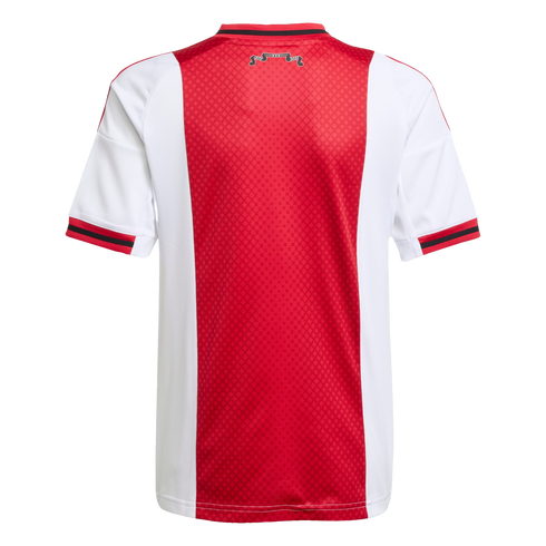 Rear view of a red and white soccer jersey with a wide red central stripe, white sides and sleeves, and black-and-red trim on the collar and cuffs.