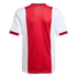 Rear view of a red and white soccer jersey with a wide red central stripe, white sides and sleeves, and black-and-red trim on the collar and cuffs.