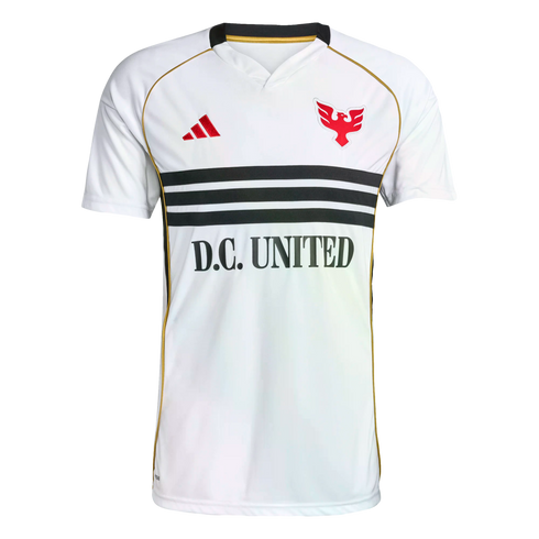 White D.C. United soccer jersey with three horizontal black chest stripes, a red eagle crest, and a red Adidas logo. Features gold trim and 'D.C. UNITED' printed across the middle.