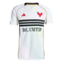 White D.C. United soccer jersey with three horizontal black chest stripes, a red eagle crest, and a red Adidas logo. Features gold trim and 'D.C. UNITED' printed across the middle.
