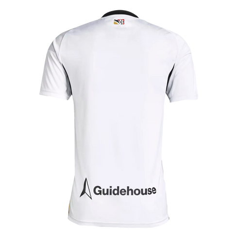 Back view of a white short-sleeved jersey with a small logo at the neck and a large Guidehouse logo on the lower back.