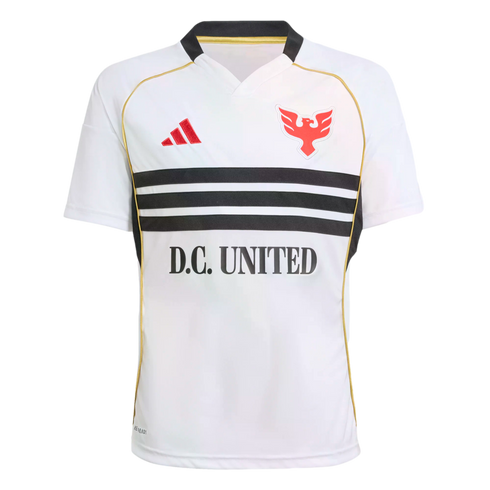 White D.C. United soccer jersey featuring three black horizontal stripes across the chest, a red eagle crest, a red Adidas logo, and gold trim.