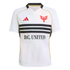 White D.C. United soccer jersey featuring three black horizontal stripes across the chest, a red eagle crest, a red Adidas logo, and gold trim.
