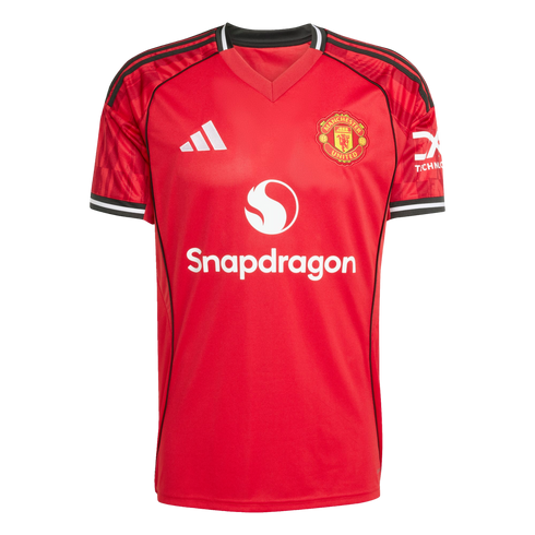 Red Manchester United home jersey with white Snapdragon sponsor, club crest, and Adidas logo.