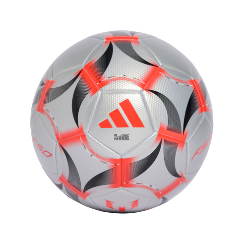 Silver Adidas soccer ball with red and black graphic accents and "MESSI" branding, centered on a black background.