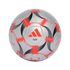 Silver Adidas soccer ball with red and black graphic accents and "MESSI" branding, centered on a black background.