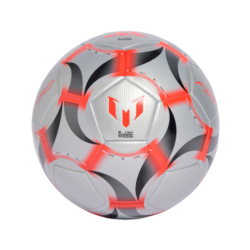Silver soccer ball with vibrant red and black graphic patterns, featuring the Lionel Messi logo and "F50" branding against a solid black background.