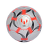 Silver soccer ball with vibrant red and black graphic patterns, featuring the Lionel Messi logo and "F50" branding against a solid black background.