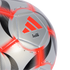 Close-up of a silver Adidas F50 Messi soccer ball with orange and black graphics and a textured diamond pattern on its panels.