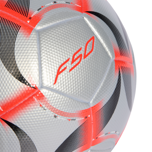 A textured silver soccer ball with red and black accents, featuring a large red "F50" logo on its surface.