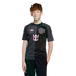 A young boy with reddish hair wearing a black and charcoal Inter Miami soccer jersey.