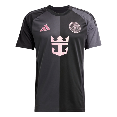 Inter Miami CF soccer jersey with a black and grey vertical split. Features a pink Adidas logo, team crest, and Royal Caribbean sponsor logo on the front.