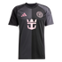 Inter Miami CF soccer jersey with a black and grey vertical split. Features a pink Adidas logo, team crest, and Royal Caribbean sponsor logo on the front.