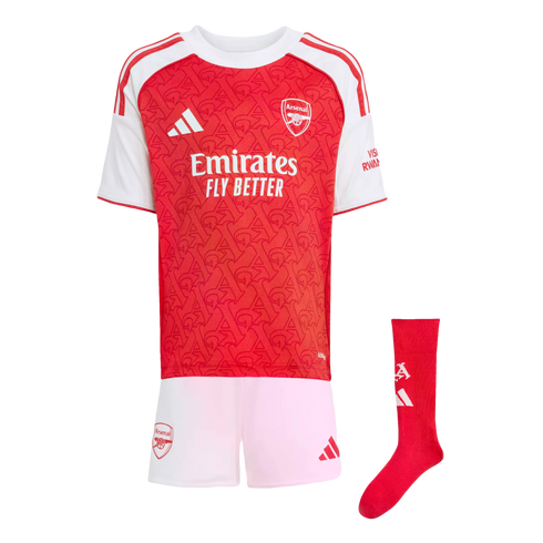 Arsenal home football kit featuring a red and white jersey, white shorts, and a single red sock.