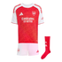 Arsenal home football kit featuring a red and white jersey, white shorts, and a single red sock.