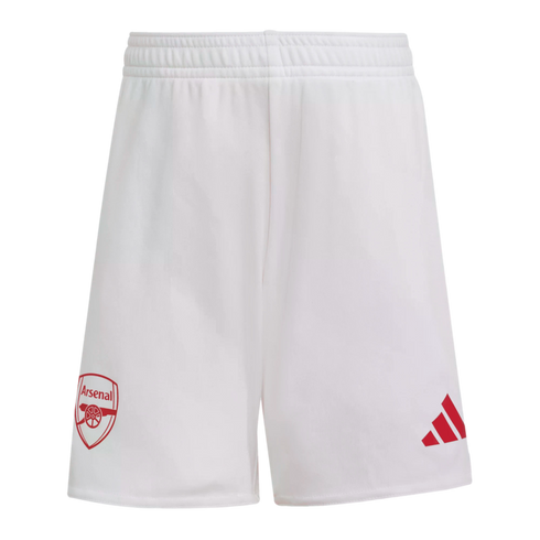 White football shorts featuring a red Arsenal F.C. crest on the left leg and a red Adidas logo on the right.