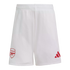 White football shorts featuring a red Arsenal F.C. crest on the left leg and a red Adidas logo on the right.