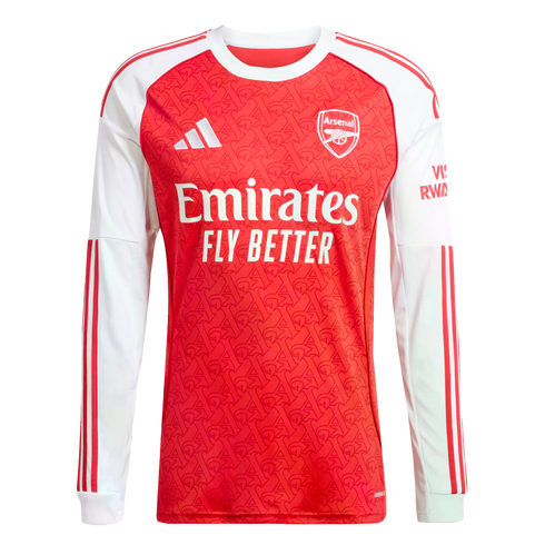 Long-sleeved Arsenal home jersey featuring a red patterned body, white sleeves with red stripes, the club crest, and Emirates sponsor logo.
