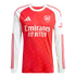 Long-sleeved Arsenal home jersey featuring a red patterned body, white sleeves with red stripes, the club crest, and Emirates sponsor logo.