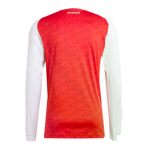 The back view of a long-sleeved red and white Arsenal football jersey. The red torso has a subtle repeating pattern, with "Arsenal" printed in white script at the back of the neck.