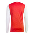The back view of a long-sleeved red and white Arsenal football jersey. The red torso has a subtle repeating pattern, with "Arsenal" printed in white script at the back of the neck.