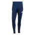 Navy blue Adidas track pants featuring a white logo on the left thigh and a crest on the right, shown against a solid black background.