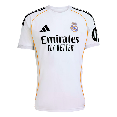 A white Real Madrid 2024/25 home jersey featuring the club crest, Adidas and Emirates logos, an HP sleeve sponsor, and orange trim along the sides.
