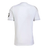Rear view of a plain white short-sleeved athletic t-shirt with a small black logo on the left sleeve.
