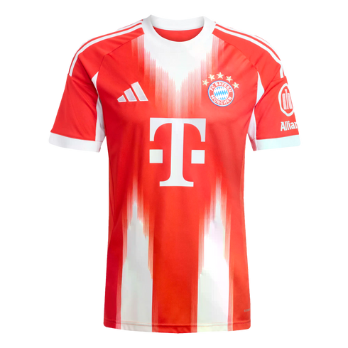 Red FC Bayern Munich home jersey with jagged white vertical stripes, featuring the Adidas logo, club crest, and white 'T' sponsor logo.