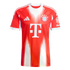 Red FC Bayern Munich home jersey with jagged white vertical stripes, featuring the Adidas logo, club crest, and white 'T' sponsor logo.