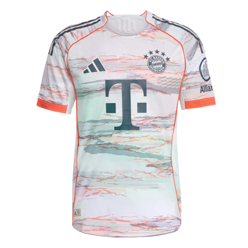 FC Bayern Munich white soccer jersey with a multicolored brushstroke pattern, featuring the team crest, Adidas logo, and T-Mobile sponsor logo, accented with orange trim.