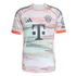 FC Bayern Munich white soccer jersey with a multicolored brushstroke pattern, featuring the team crest, Adidas logo, and T-Mobile sponsor logo, accented with orange trim.