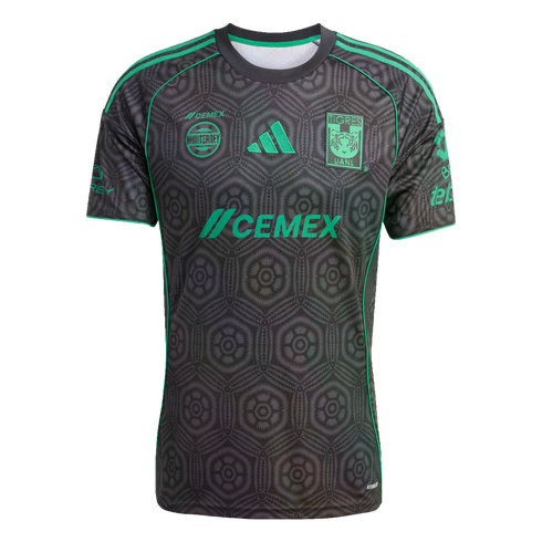 A black soccer jersey with a dark gray hexagonal pattern and bright green accents. It features the Cemex logo on the chest and the Tigres UANL club crest.