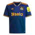 Blue Newcastle United Adidas jersey with orange trim and pinstripes. Features the club crest, orange Adidas trefoil logo, and Sela sponsor logo on the front.