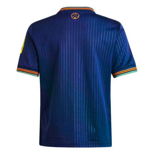 Back of a navy blue pinstriped short-sleeved jersey with orange and light green striped trim on collar and cuffs, and a small orange circular logo on the upper back.