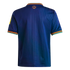 Back of a navy blue pinstriped short-sleeved jersey with orange and light green striped trim on collar and cuffs, and a small orange circular logo on the upper back.