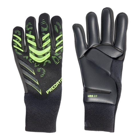 A pair of black and neon green soccer goalkeeper gloves. One view shows the patterned backhand with "PREDATOR" text; the other shows the palm with "URG 2.0" on the wrist.