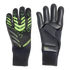 A pair of black and neon green soccer goalkeeper gloves. One view shows the patterned backhand with "PREDATOR" text; the other shows the palm with "URG 2.0" on the wrist.