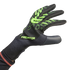 Hand wearing a black Adidas Predator goalkeeper glove with neon green textured zones and "PREDATOR" branding on the back, against a black background.