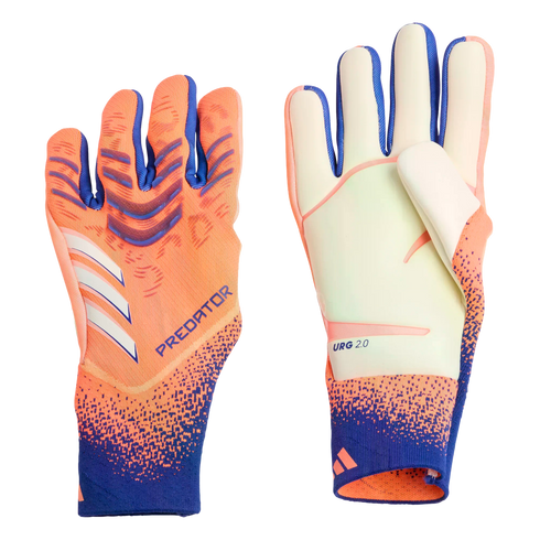 A pair of orange and blue Adidas Predator goalkeeper gloves, showing both the textured orange backhand and the white latex palm.