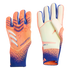A pair of orange and blue Adidas Predator goalkeeper gloves, showing both the textured orange backhand and the white latex palm.