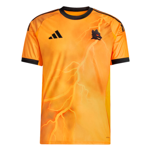 Orange Adidas sports jersey with a lightning bolt graphic, black trim, and a wolf-head logo.