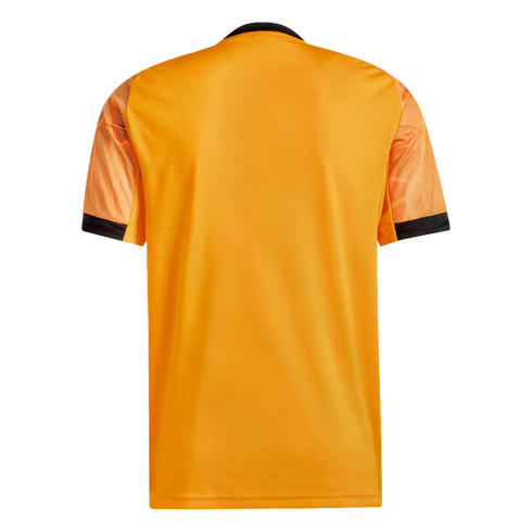 Back view of a bright orange sports jersey with patterned sleeves and black trim at the neck and cuffs, isolated against a black background.