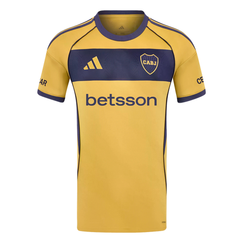 Yellow and navy blue Adidas Boca Juniors soccer jersey featuring a "betsson" sponsor logo and the CABJ crest.