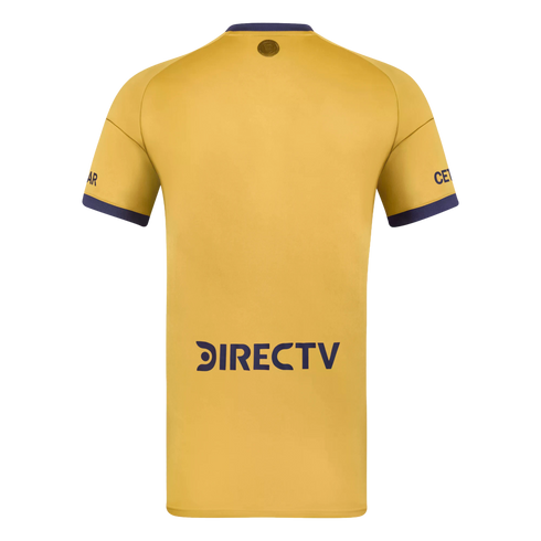 Back view of a gold football jersey with navy blue trim. It features a DIRECTV logo on the lower back and a small gold emblem below the collar.