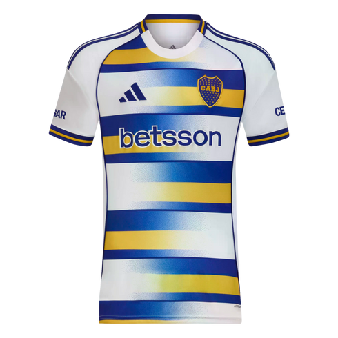 Adidas Boca Juniors white soccer jersey with horizontal blue and yellow stripes, featuring the club crest and Betsson sponsor.